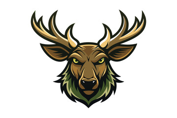 Fototapeta premium Antlered deer mascot head intensely stares with bright yellow eyes on a white backdrop