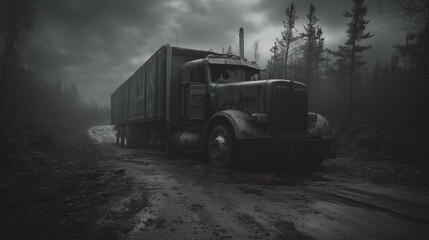 A vintage, rusted scary, ominous truck trudges through a narrow, rain-soaked dirt road in a dense, fog-shrouded forest, evoking a sense of isolation and decay, fear on the road.