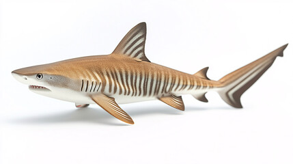 Obraz premium A menacing tiger shark swims against a stark white backdrop showing the animal's unique color pattern.