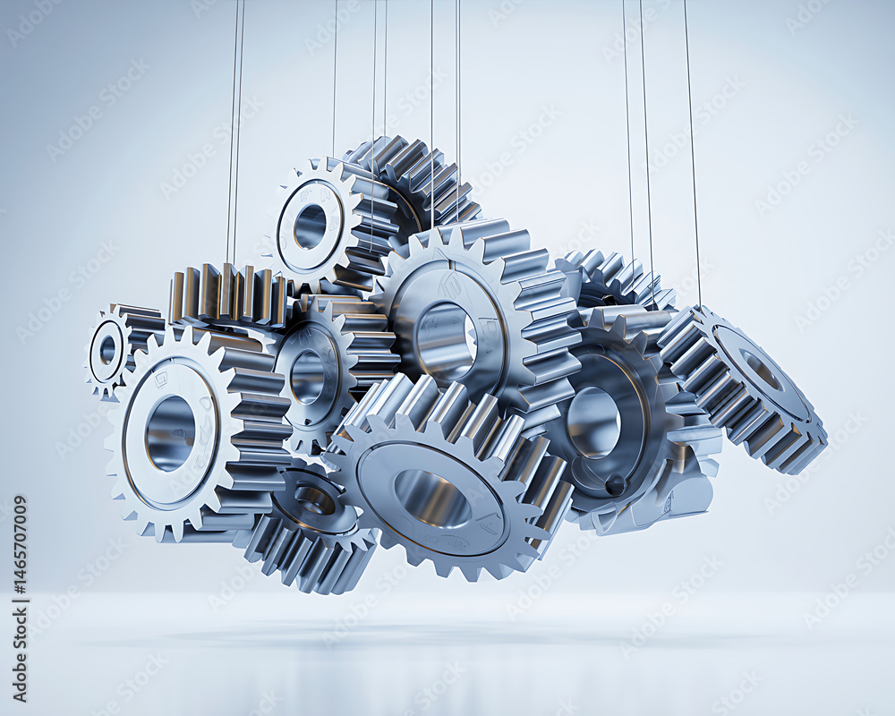 Poster hanging metallic gears creating a complex arrangement in an industrial setting
