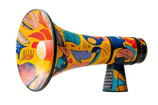 Colorful artistic megaphone with dynamic patterns perfect for events and rallies in vibrant urban settings seeking to attract attention and share messages effectively