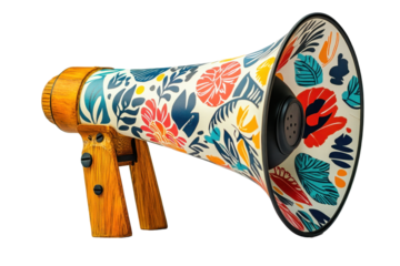 Colorful artistic megaphone with dynamic patterns perfect for events and rallies in vibrant urban settings seeking to attract attention and share messages effectively