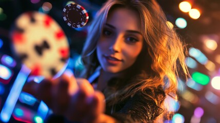 Young woman holding poker chips in vibrant casino setting, colorful nightlife atmosphere, entertainment concept