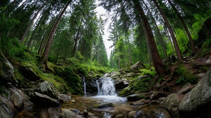 緑豊かな森に囲まれた滝と渓流