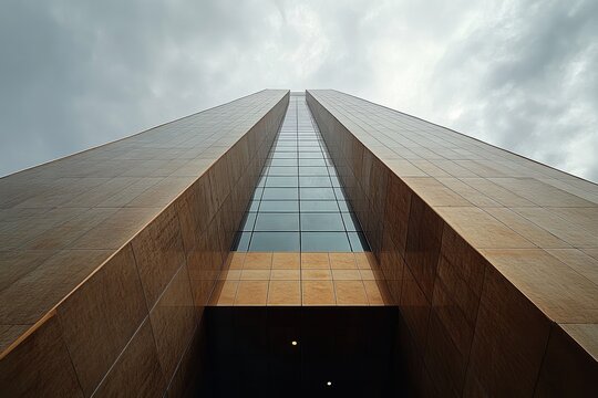 Tall modern brown building with glass windows ascending into cloudy sky from low angle perspective