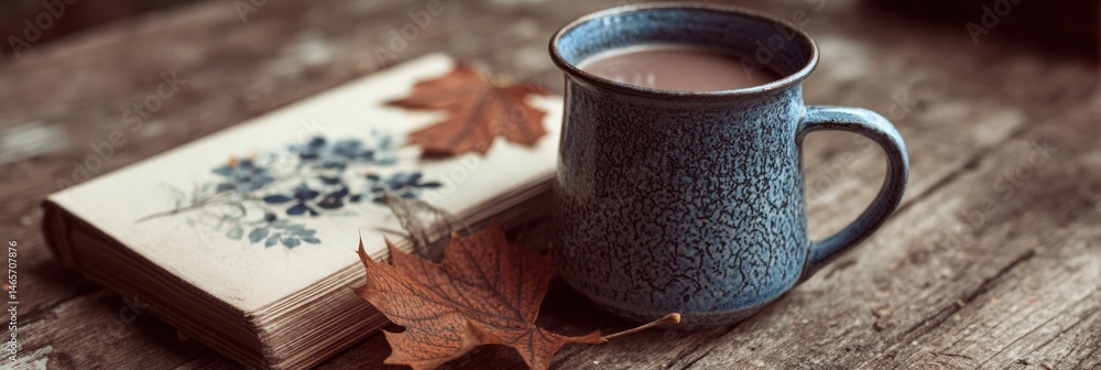 Leinwandbilder warm mug beside vintage notebook with falling leaf sketch on rustic wooden table in cozy autumn sett