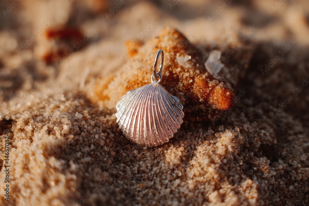 Aufkleber Seashell Earring Nestled in Soft Sand Resting Against Warm Skin on a Beach Generative AI
