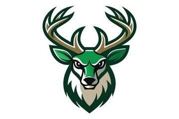 Detailed illustration features a green deer head with striking antlers on a white background