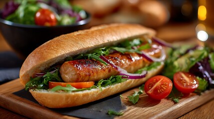 サラダ付きソーセージホットドッグのプレート