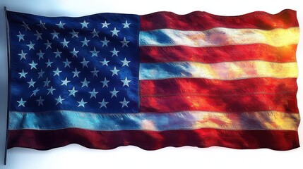 Waving flag with star pattern and alternating red and white stripes illuminated by colorful light reflections