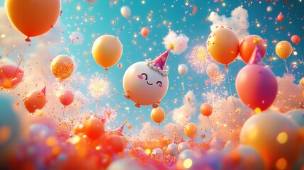 Colorful balloons floating joyfully in a bright sky with clouds and confetti, featuring a smiling balloon with a party hat and celebratory sparkles