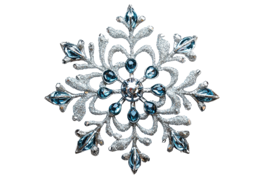 Decorative silver and blue snowflake ornament with intricate detailing on a transparent background perfect for winter collections and festive decorations