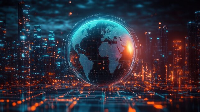 Digital globe with world map projection hovering above a futuristic cityscape illuminated by blue and orange neon lights symbolizing global technology and connectivity