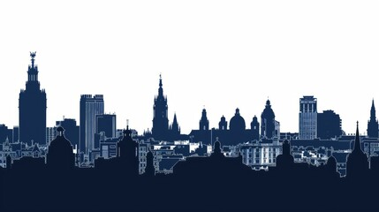 Fototapeta premium Silhouette of iconic Madrid skyline in navy blue highlighting historic architecture and modern cityscape