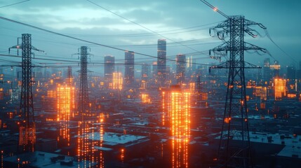 Electric power transmission towers over a cityscape at dusk with illuminated digital effects blending technology and urban environment under a cloudy sky