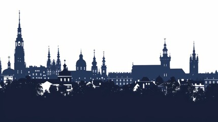 Fototapeta premium Krakow skyline silhouette in navy blue highlights Poland's iconic architecture against a clear sky