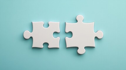 Obraz premium Two white puzzle pieces on a light blue background with one piece shaped to fit the other