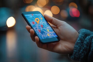 Hand holding smartphone displaying a digital map with multiple location markers against blurred city lights background