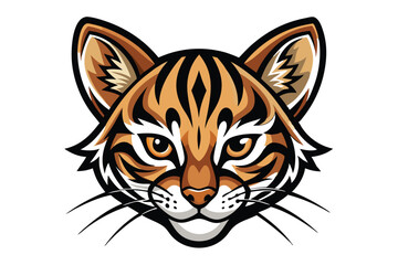 A vibrant bobcat head with striking black stripes gazes directly forward on a bright background