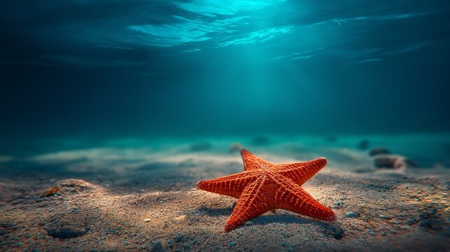 Ocean Star: A vibrant orange starfish rests on a sandy seabed, bathed in a radiant beam of light. The water above is a symphony of blues and greens, creating a mesmerizing underwater scene.