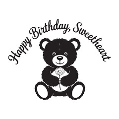 Obraz premium Cute Black and White Teddy Bear with Flower, Happy Birthday Sweetheart