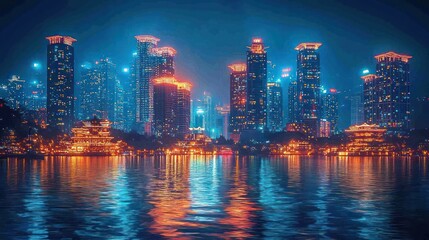 Fototapeta premium City Skyline Reflected in Water at Night with Glowing Lights