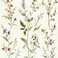 delicate watercolor painting of various wildflowers and leafy branches arranged on a light beige background, evoking a calm and natural feeling