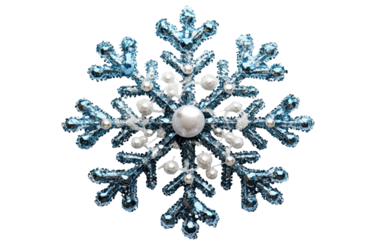Decorative silver and blue snowflake ornament with intricate detailing on a transparent background perfect for winter collections and festive decorations