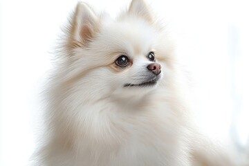 close-up of a fluffy white small dog with expressive eyes looking thoughtfully to the side against a bright background