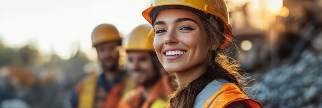 Smiling young female construction worker wearing safety helmet and high-visibility vest standing outdoors with two male colleagues in the background