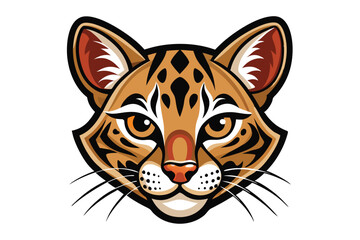 Cartoon ocelot face showcases bold stripes, black spots, and piercing orange eyes beautifully