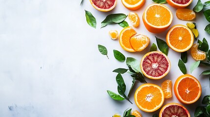 柑橘類の断面と葉のフラットレイ