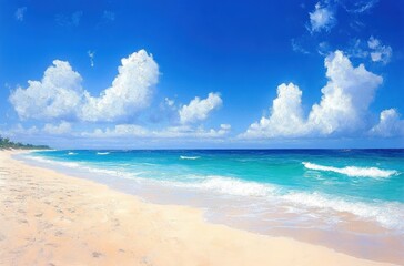 Fototapeta premium Bright sunny day at a tropical beach with soft sandy shore, turquoise waves gently reaching the coast, and large white fluffy clouds in a vivid blue sky