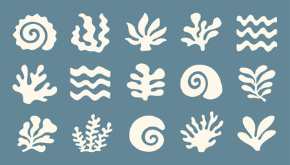 Fototapeta na wymiar Abstract marine set of elements in simple floral wavy and groovy naive style. Ocean and sea, vacation design