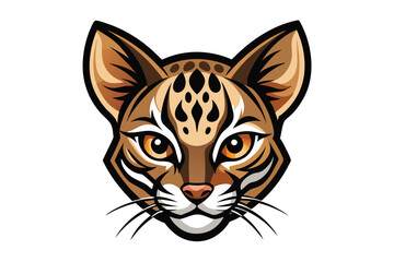 Expressive wild cat head showcases brown fur patterns and captivating golden eyes on white