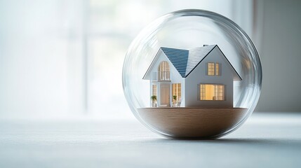 Small white house model with illuminated windows and plants inside a transparent glass sphere on a light surface, symbolizing protection and safety