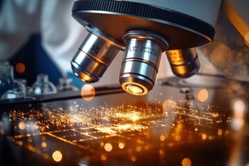 Close-up of a scientific microscope lens focusing on a glowing grid with sparkles, evoking innovation and high-tech research atmosphere