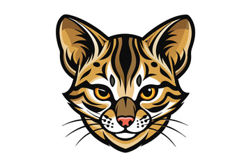 An ocelot's distinctive facial features showcase striking stripes and captivating golden eyes