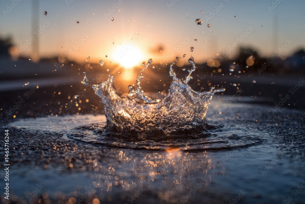 Poster Water Splash Frozen in Midair With Sun Burst Creating a Stunning Visual Display at Sunset Generative AI