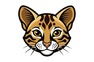 An adorable margay cat's face shows striking markings and golden eyes on white background