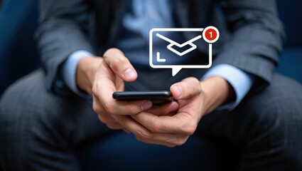 Email campaign alert concept. New email send notification for business e-mail communication. Digital marketing, internet technology. Inbox receives electronic message invite. Man touch on newsletter.