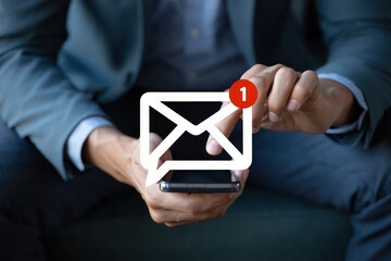 Email campaign alert concept. New email send notification for business e-mail communication. Digital marketing, internet technology. Inbox receives electronic message invite. Man touch on newsletter.