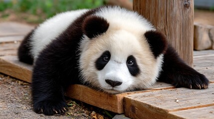 Fototapeta premium 木の床に寝そべるリラックスした子パンダ