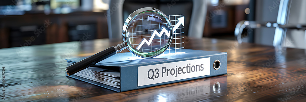 Poster magnifying glass over q3 projections document on a desk with charts in the background