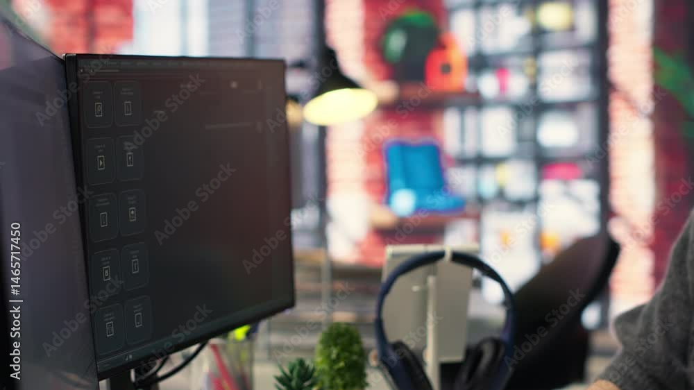 Fototapete Worker uses AI chatbot system to guide through problem solving tasks, futuristic technology highlights smart algorithms and machine learning. Communication and IT support. Camera B.