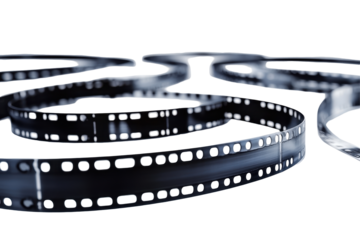 Black film reel with film strip creating a dynamic visual on a transparent background showcasing classic cinema elements