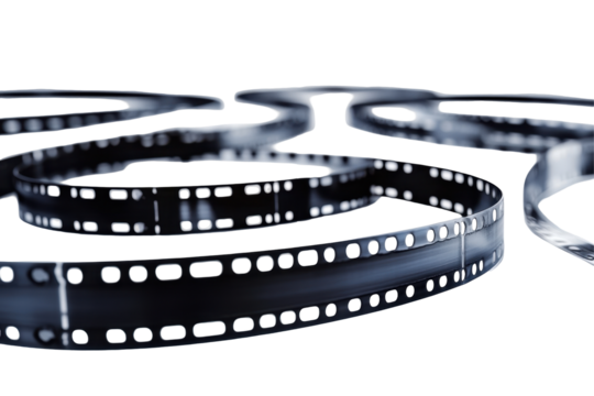 Black film reel with film strip creating a dynamic visual on a transparent background showcasing classic cinema elements