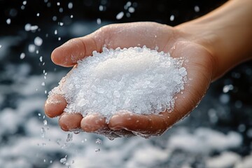 Close-up of a hand holding and letting coarse white salt granules fall with blurred dark background