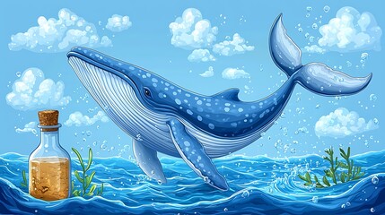 Whale leaping from ocean, message in bottle