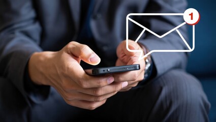 Email campaign alert concept. New email send notification for business e-mail communication. Digital marketing, internet technology. Inbox receives electronic message invite. Man touch on newsletter.